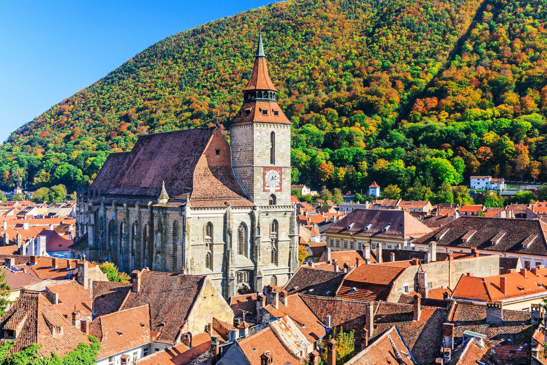 Brasov, Romania. Black Church in the old town square (Piata Sfatului)