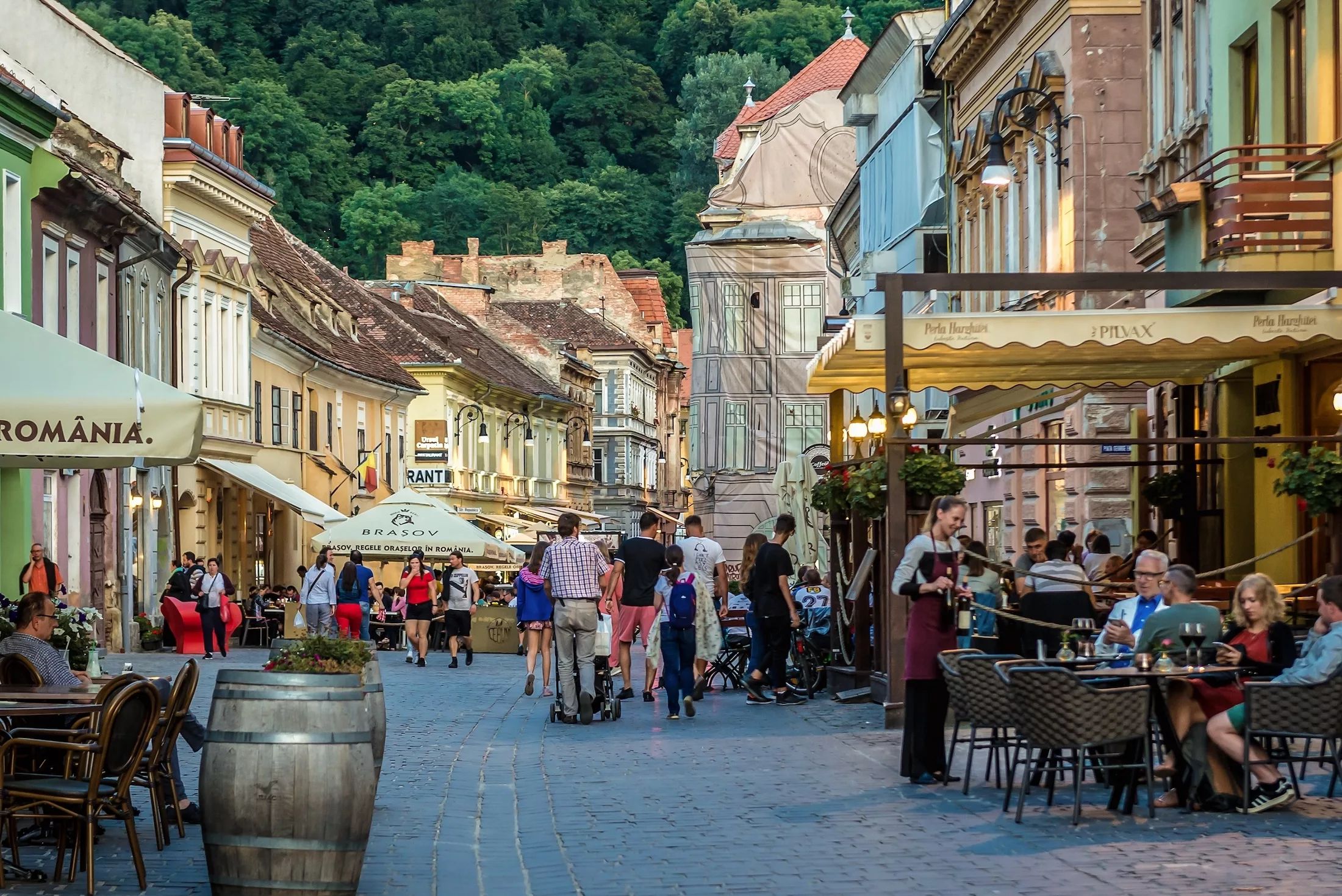 Brasov, Romania - July 18, 2019: Michael Weiss Street in historic part of Brasov city Transylvania region