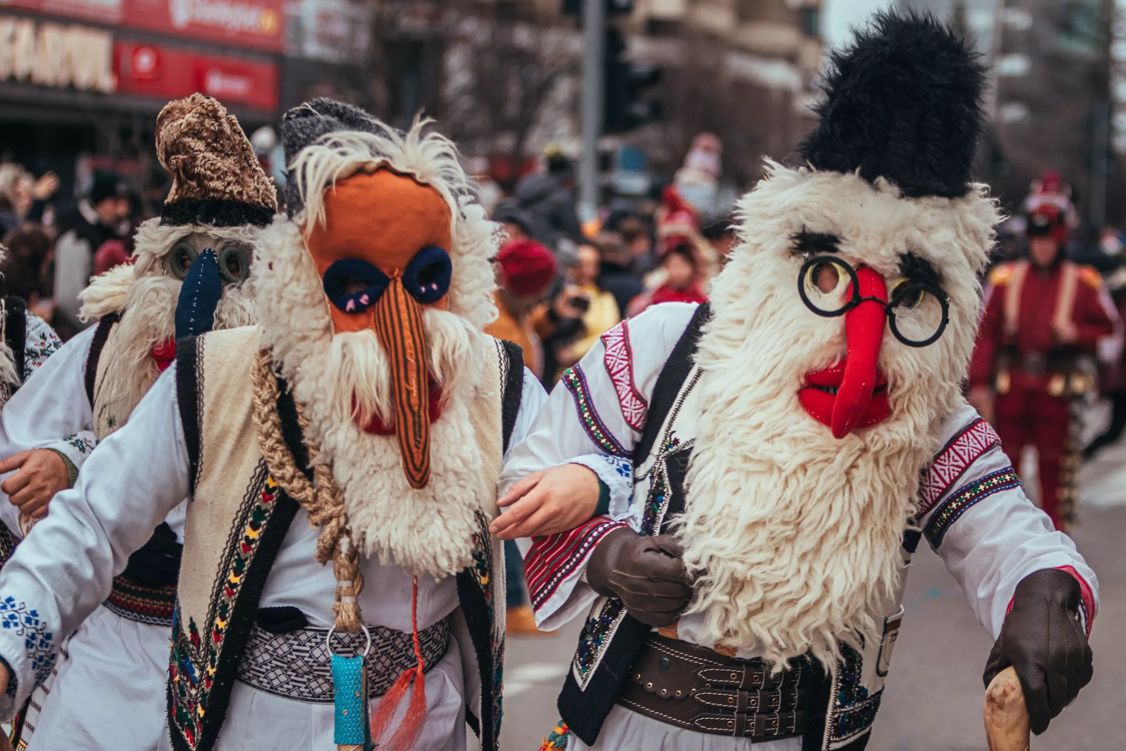 Bacau/ Romania- 28 December 2019: Christmas tradition festival in Balkans, Romanian dancers and actors in traditional and gipsy clothes